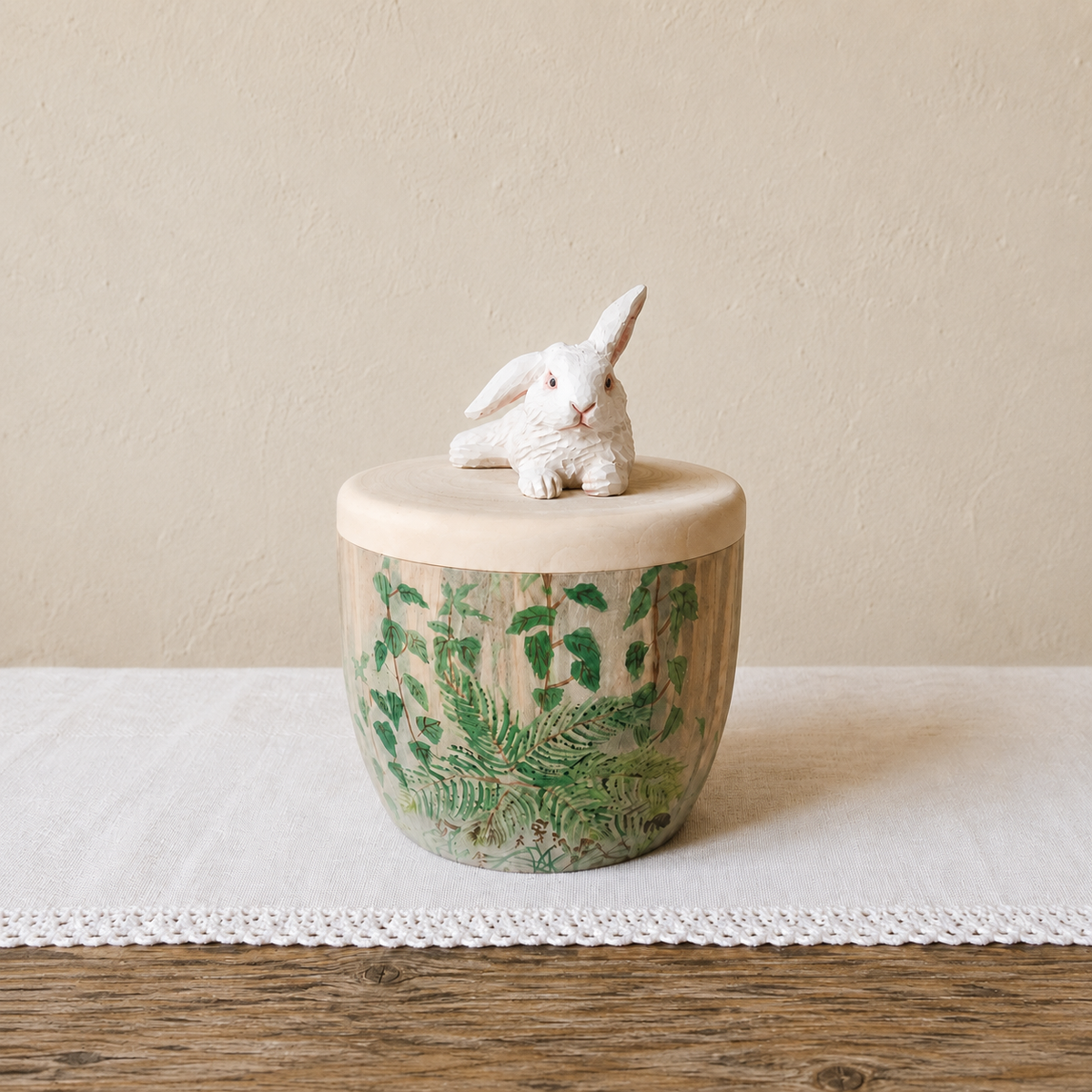 Hand-Painted Floral Rabbit Urn with Handmade Realistic Wooden Bunny Sculpture from Photo, Personalised Pet Memorial, Pet Keepsake Gift