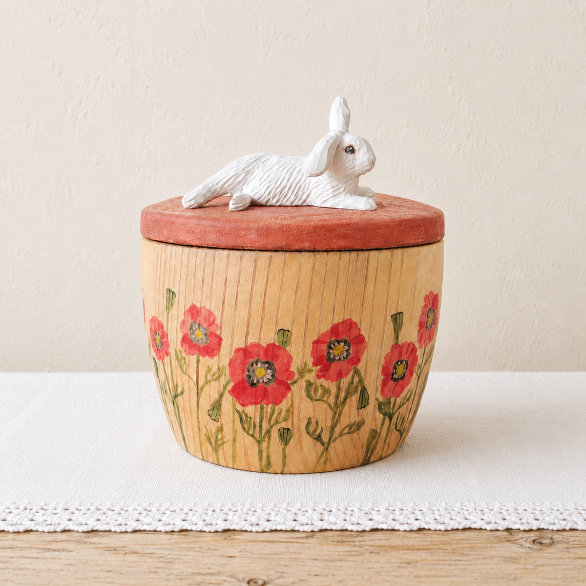Hand-Painted Floral Rabbit Urn with Handmade Realistic Wooden Bunny Sculpture from Photo, Personalised Pet Memorial, Pet Keepsake Gift