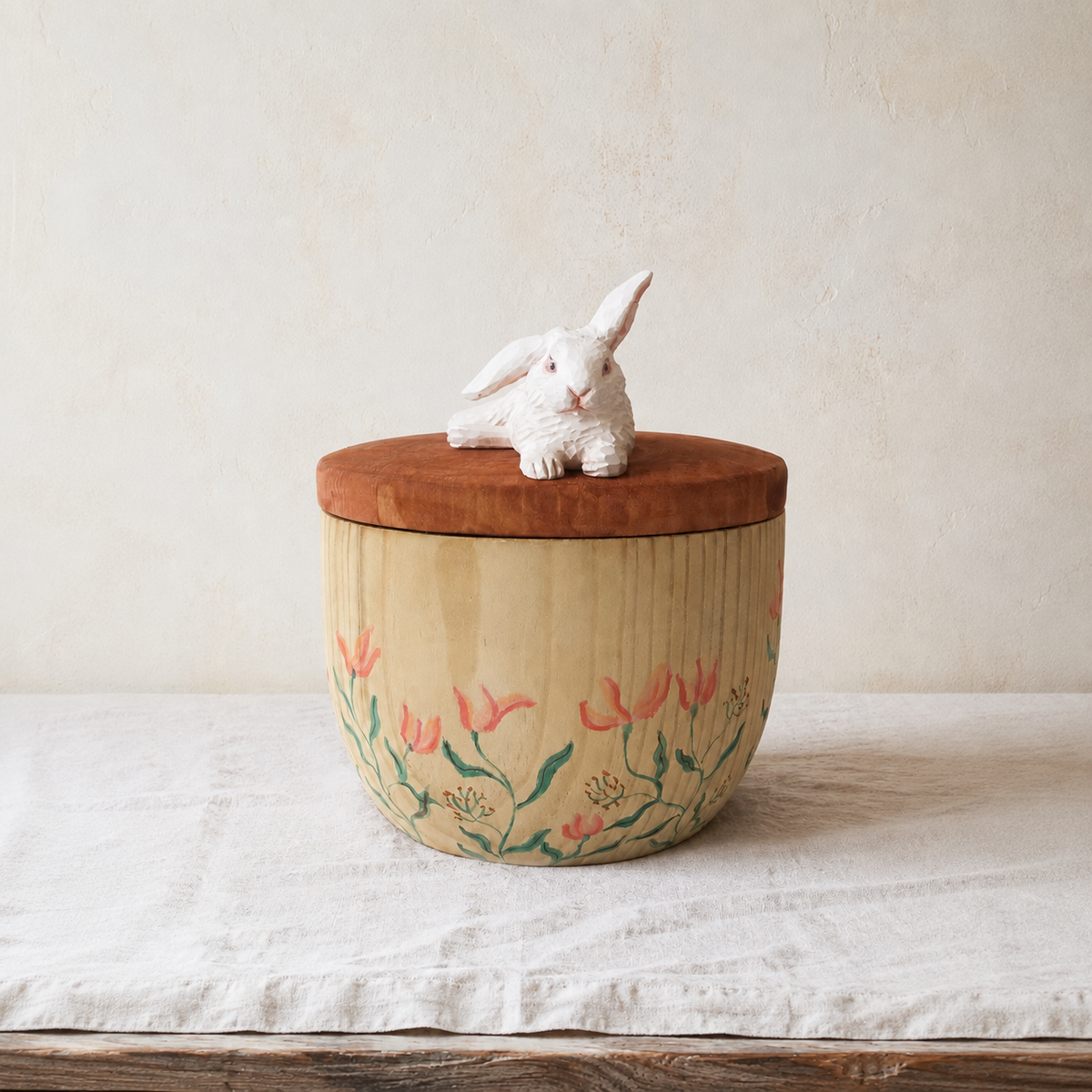 Hand-Painted Floral Rabbit Urn with Handmade Realistic Wooden Bunny Sculpture from Photo, Personalised Pet Memorial, Pet Keepsake Gift