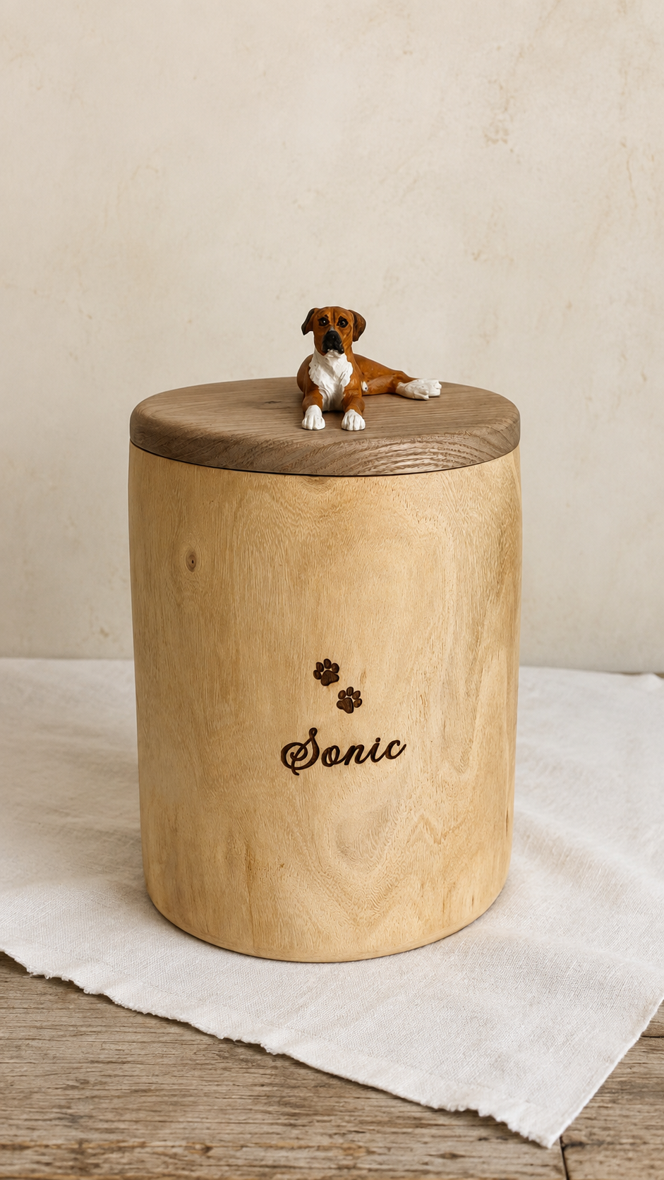 Natural Wood Dog Urn for Ashes with Realistic Hand-Carved Lying Dog Figurine from Photo, Personalised Name Engraving, Pet Memorial Gift