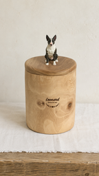 Natural Wood Dog Urn for Ashes with Realistic Hand-Carved Lying Dog Figurine from Photo, Personalised Name Engraving, Pet Memorial Gift