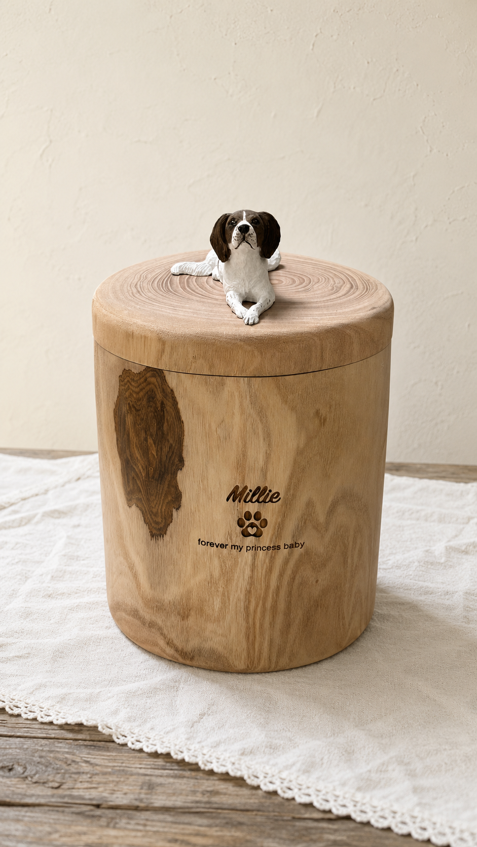 Custom Handmade Wooden Dog Urn for Ashes, Natural Solid Wood Pet Memorial Urn with Custom Pet Figurine from Photo, Eco Friendly