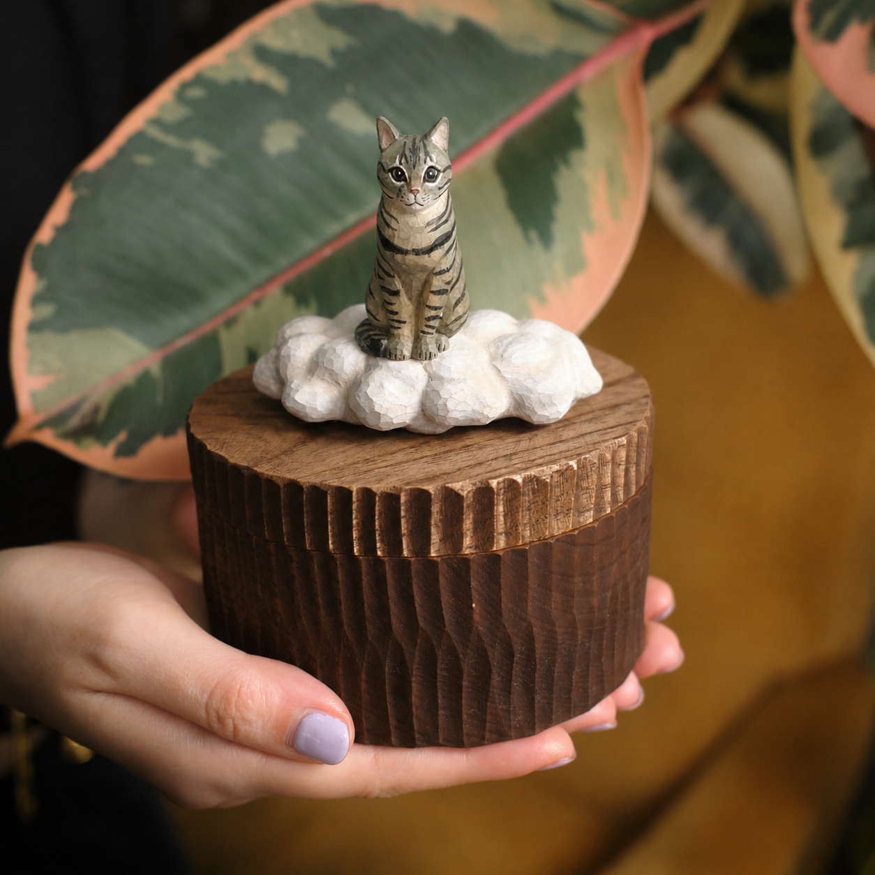 Custom Resting Cat Memorial Urn from Photo, Handmade Wooden Cat Ashes Box, Sleeping Cat on Cloud Pet Keepsake