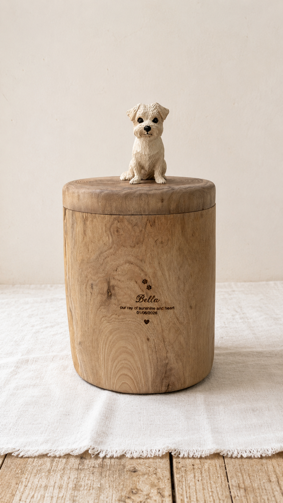 Natural Wood Dog Urn for Ashes with Realistic Hand-Carved Lying Dog Figurine from Photo, Personalised Name Engraving, Pet Memorial Gift