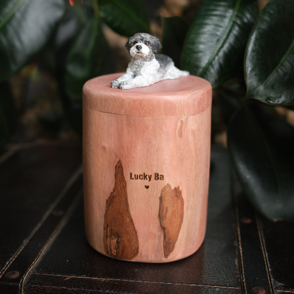 Natural Wood Dog Urn for Ashes with Realistic Hand-Carved Lying Dog Figurine from Photo, Personalised Name Engraving, Pet Memorial Gift
