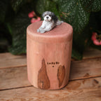 Natural Wood Dog Urn for Ashes with Realistic Hand-Carved Lying Dog Figurine from Photo, Personalised Name Engraving, Pet Memorial Gift