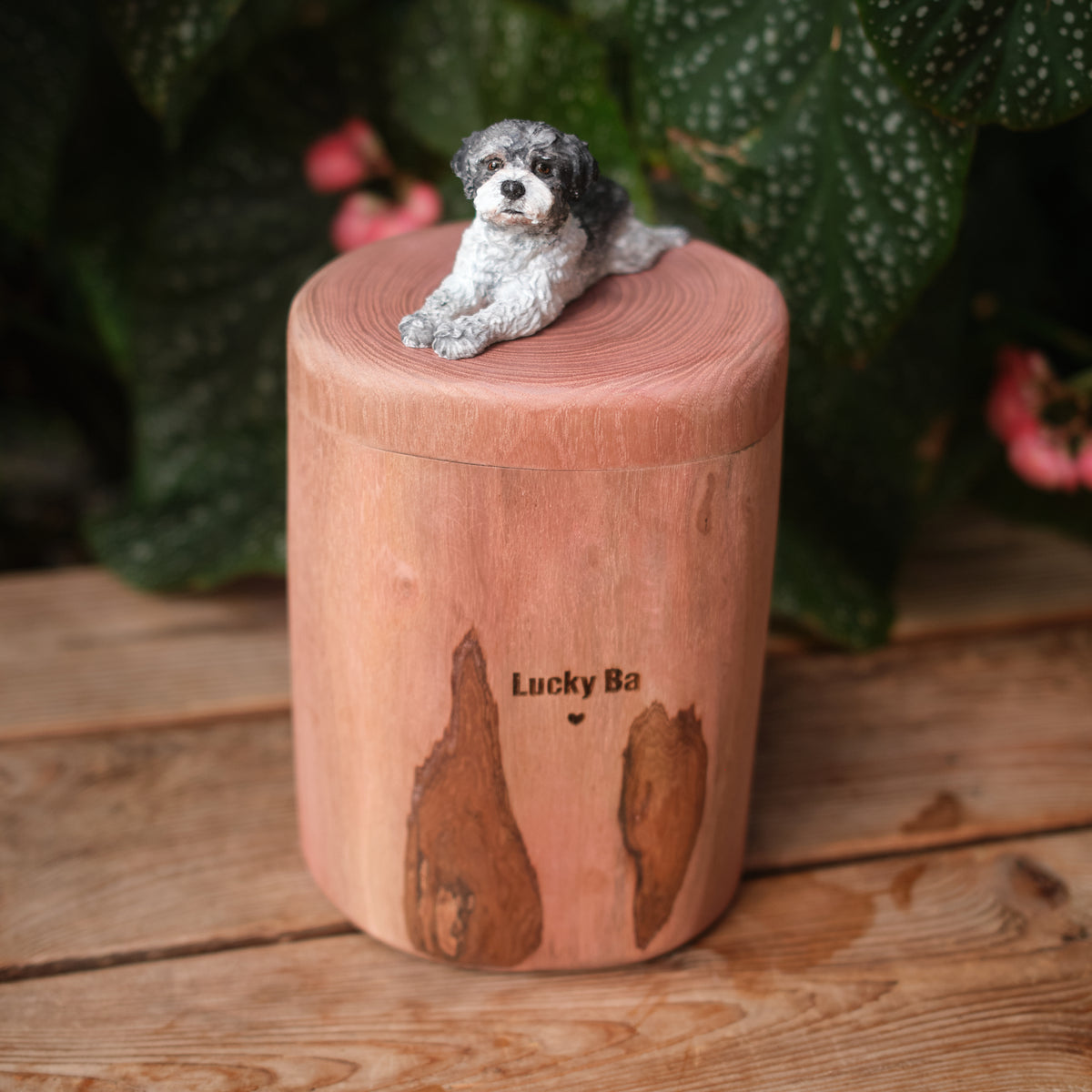 Natural Wood Dog Urn for Ashes with Realistic Hand-Carved Lying Dog Figurine from Photo, Personalised Name Engraving, Pet Memorial Gift