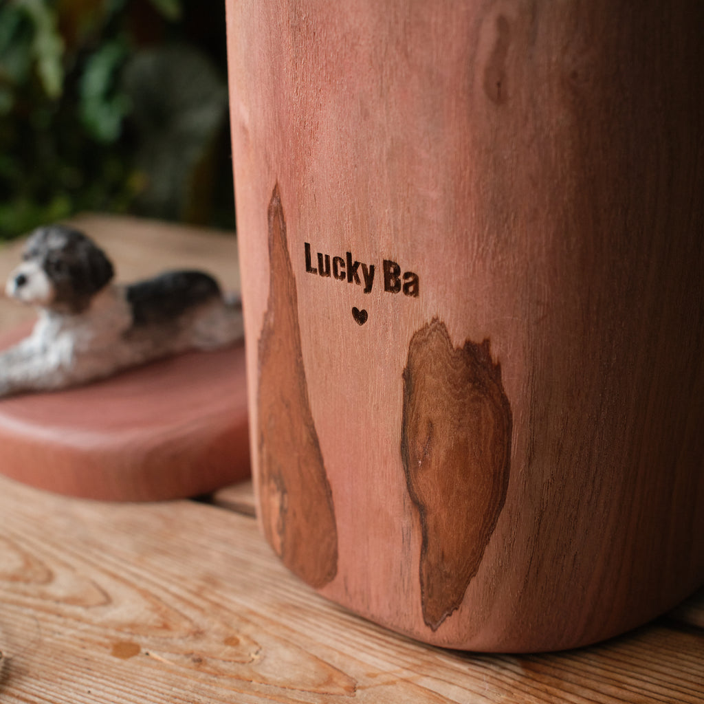 Natural Wood Dog Urn for Ashes with Realistic Hand-Carved Lying Dog Figurine from Photo, Personalised Name Engraving, Pet Memorial Gift
