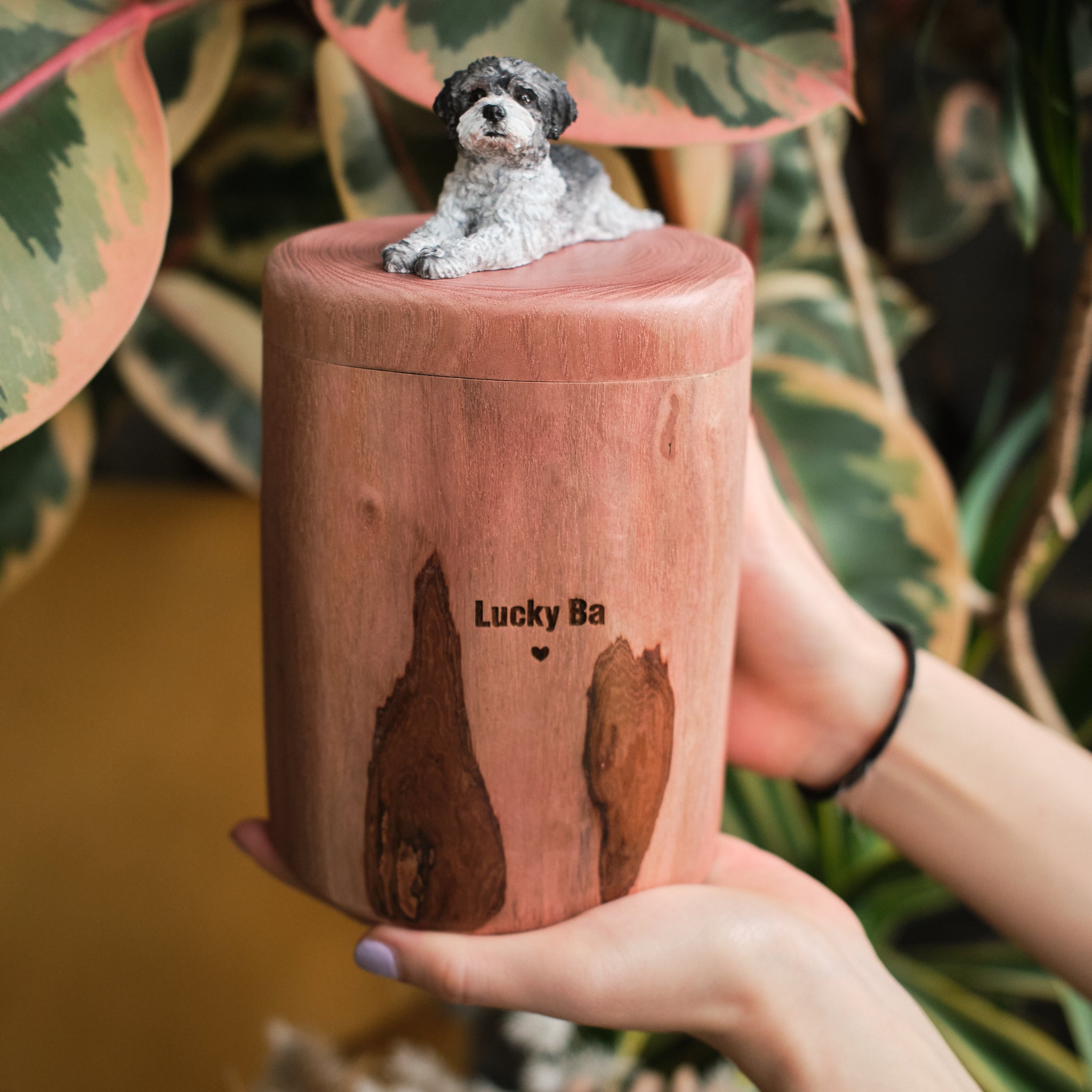 Natural Wood Dog Urn for Ashes with Realistic Hand-Carved Lying Dog Figurine from Photo, Personalised Name Engraving, Pet Memorial Gift