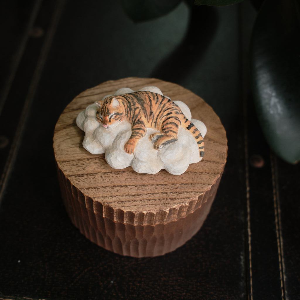 Custom Resting Cat Memorial Urn from Photo, Handmade Wooden Cat Ashes Box, Sleeping Cat on Cloud Pet Keepsake