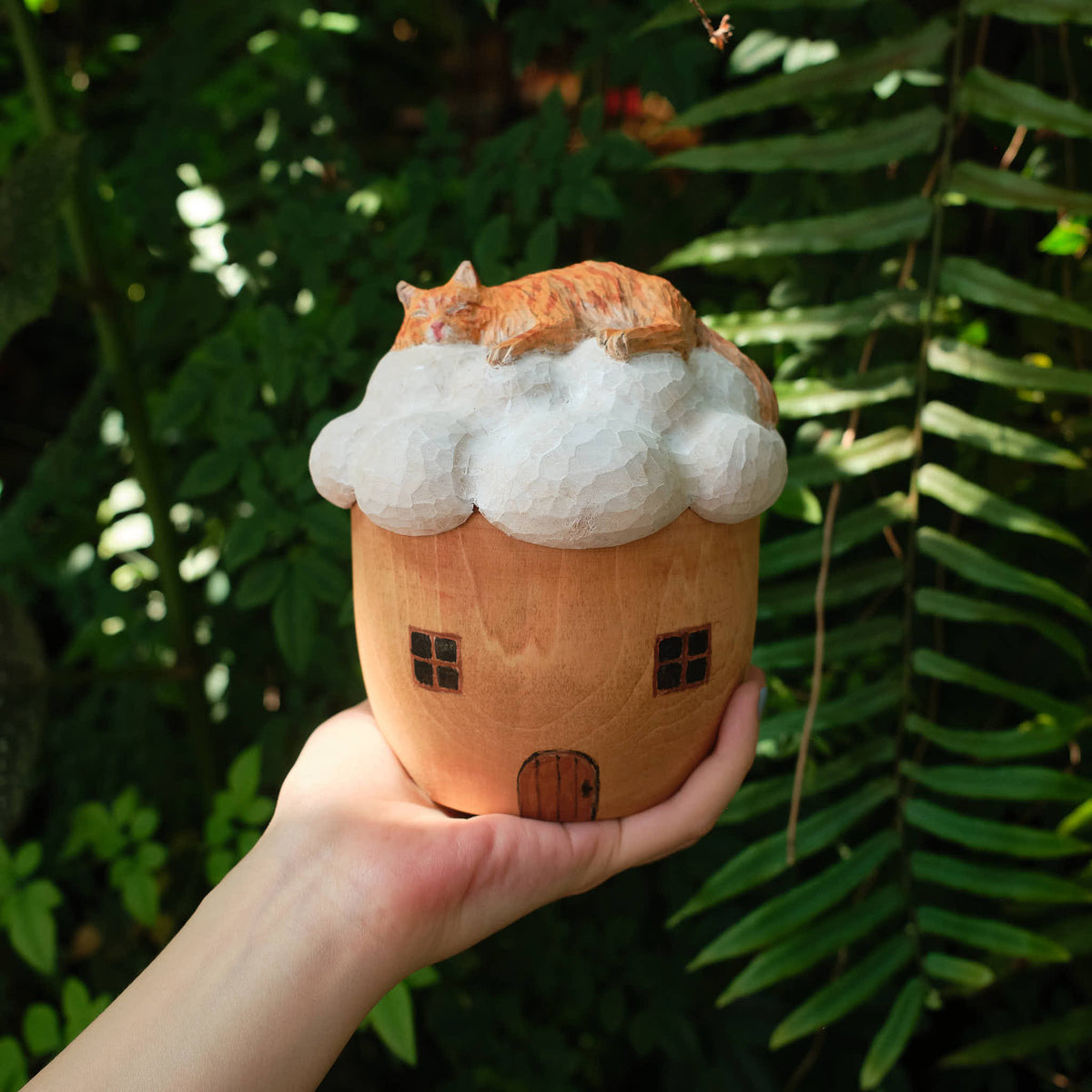 Custom Wooden Cat Urn from Photo – Cat Resting on a Cloud Memorial
