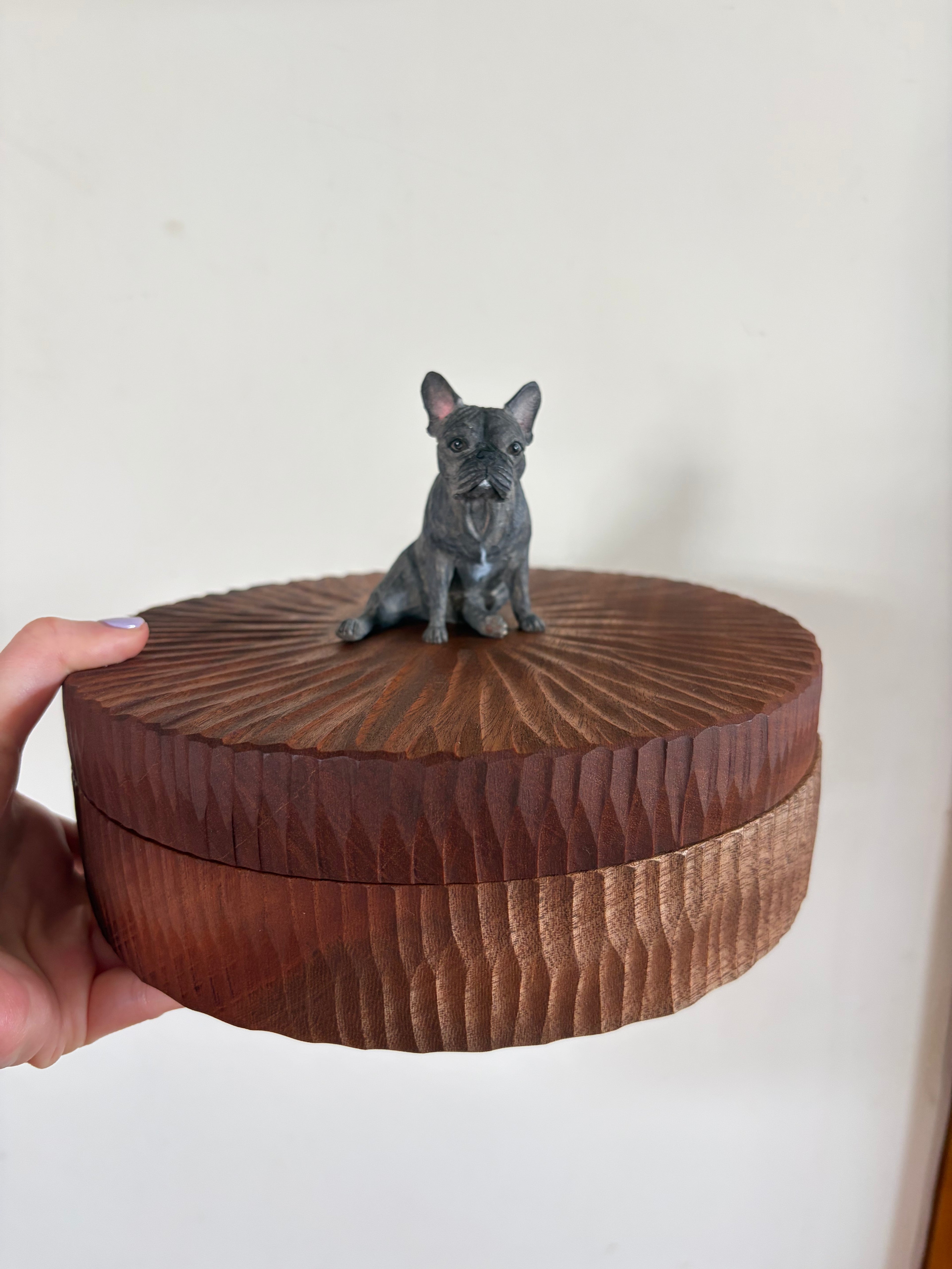 Realistic French Bulldog Figurine From Photo with Large Wooden Dog Urn, Personalised Pet Ashes Box with Engraved Name