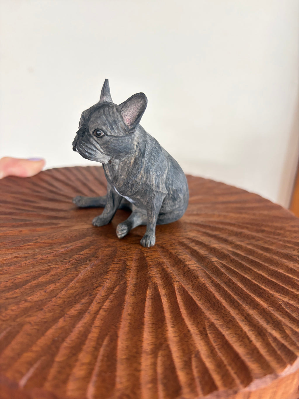 Realistic French Bulldog Figurine From Photo with Large Wooden Dog Urn, Personalised Pet Ashes Box with Engraved Name
