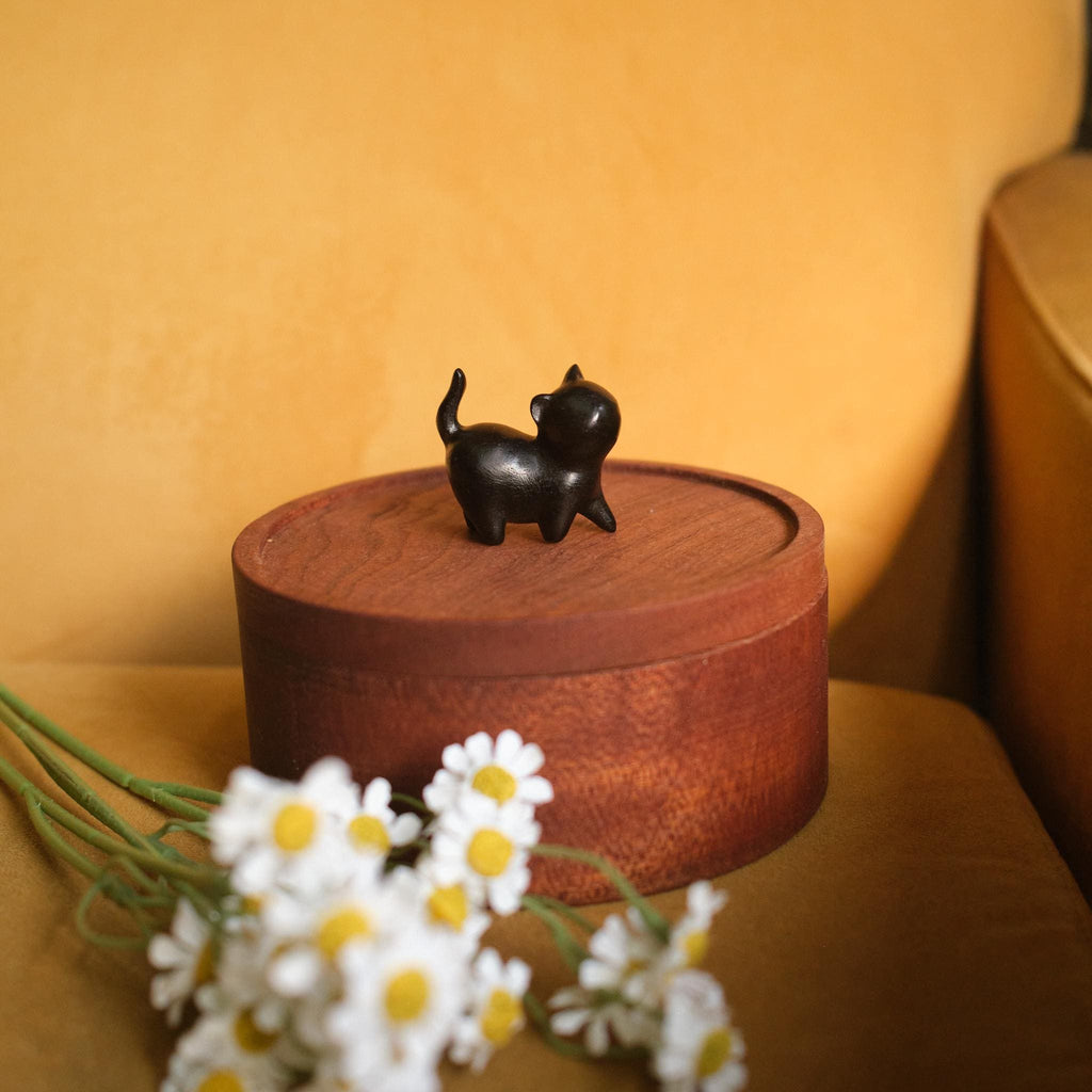 Handmade Wooden Flower Shaped Cat Urn | Small Keepsake Box with Cat Figurine | Memorial Box for Ashes | Pet Loss Gift | Pet Remembrance
