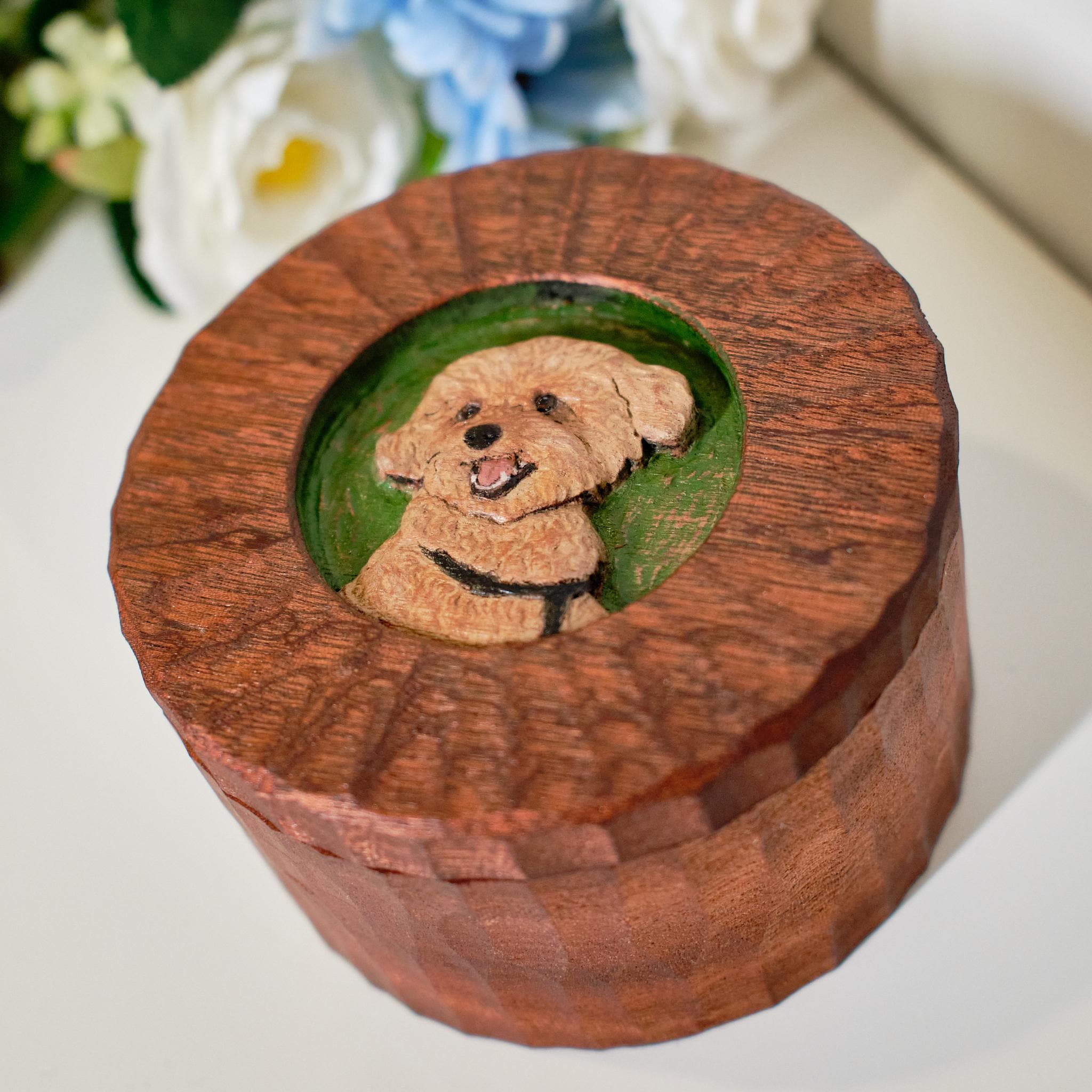 Custom Wooden Pet Memorial Urn with Hand Carved Portrait on Lid | Personalised Dog Cat Keepsake from Photo | Pet Loss Gift | Handmade Box