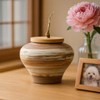 Japanese Rustic Ceramic Pet Urn with Bamboo Lid – Saturn Style Handmade Ashes Jar for Dog Cat, Pet Memorial Keepsake Gift, Tea Jar