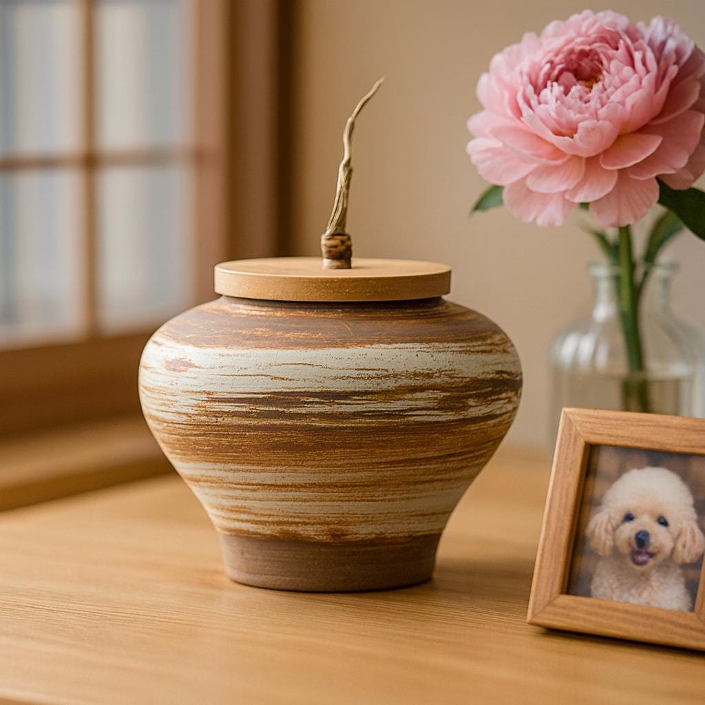 Japanese Rustic Ceramic Pet Urn with Bamboo Lid – Saturn Style Handmade Ashes Jar for Dog Cat, Pet Memorial Keepsake Gift, Tea Jar