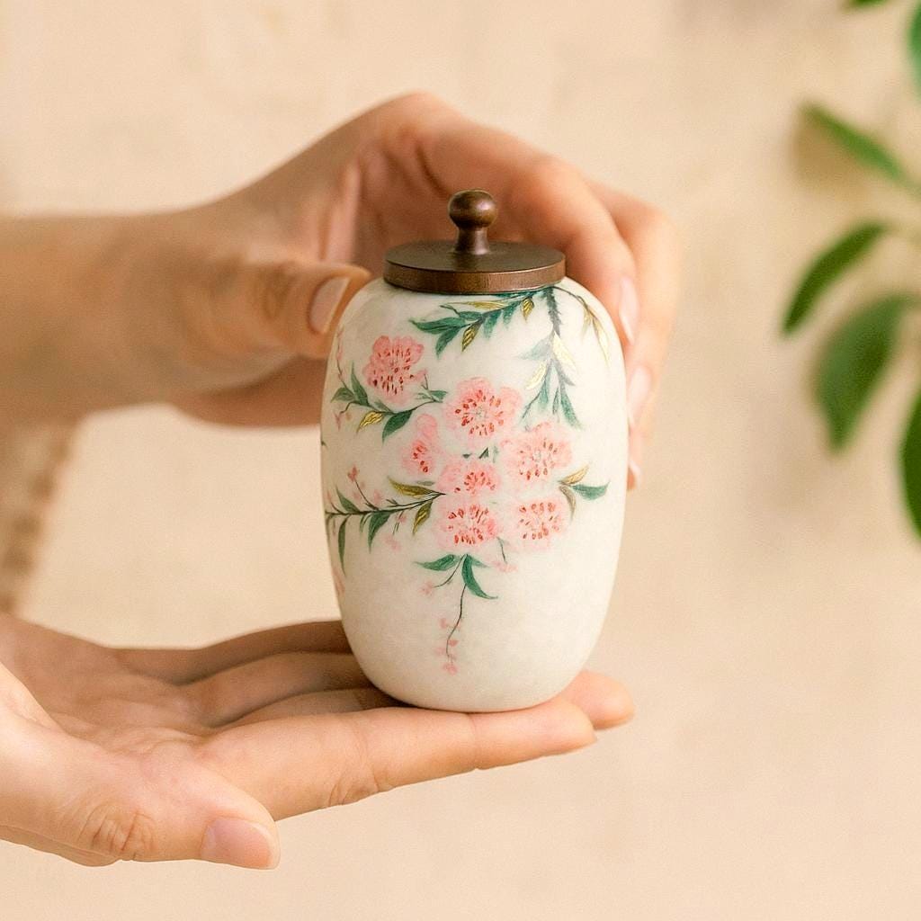 Small Handmade Ceramic Peach Blossom Urn with Wooden Lid | Oriental Pet Ashes Keepsake Jar | Pet Memorial Gift | Floral Decorative Tea Jar