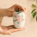 Small Handmade Ceramic Peach Blossom Urn with Wooden Lid | Oriental Pet Ashes Keepsake Jar | Pet Memorial Gift | Floral Decorative Tea Jar