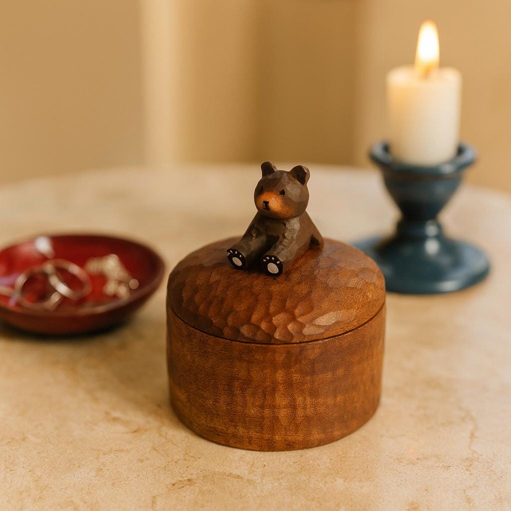 Handmade Wooden Bear Jar | Small Jewellery Box Keepsake Box for Gifts, Rustic Handcrafted Storage Container for Home Décor | Natural Tea Jar