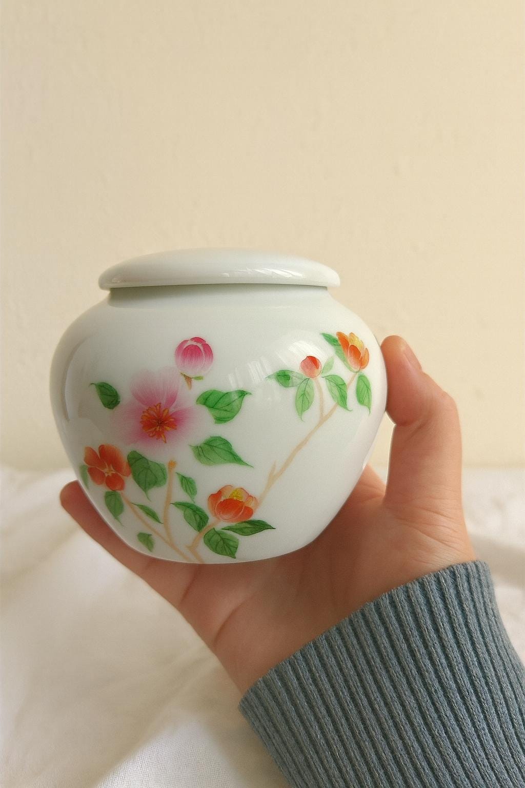 Small Hand-Painted Floral Ceramic Pet Urn | Oriental Ashes Keepsake Jar | Pet Memorial Gift | Tea Jar｜Pet Cremation Container for Small Pets