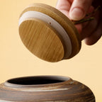 Japanese Rustic Ceramic Pet Urn with Bamboo Lid – Saturn Style Handmade Ashes Jar for Dog Cat, Pet Memorial Keepsake Gift, Tea Jar