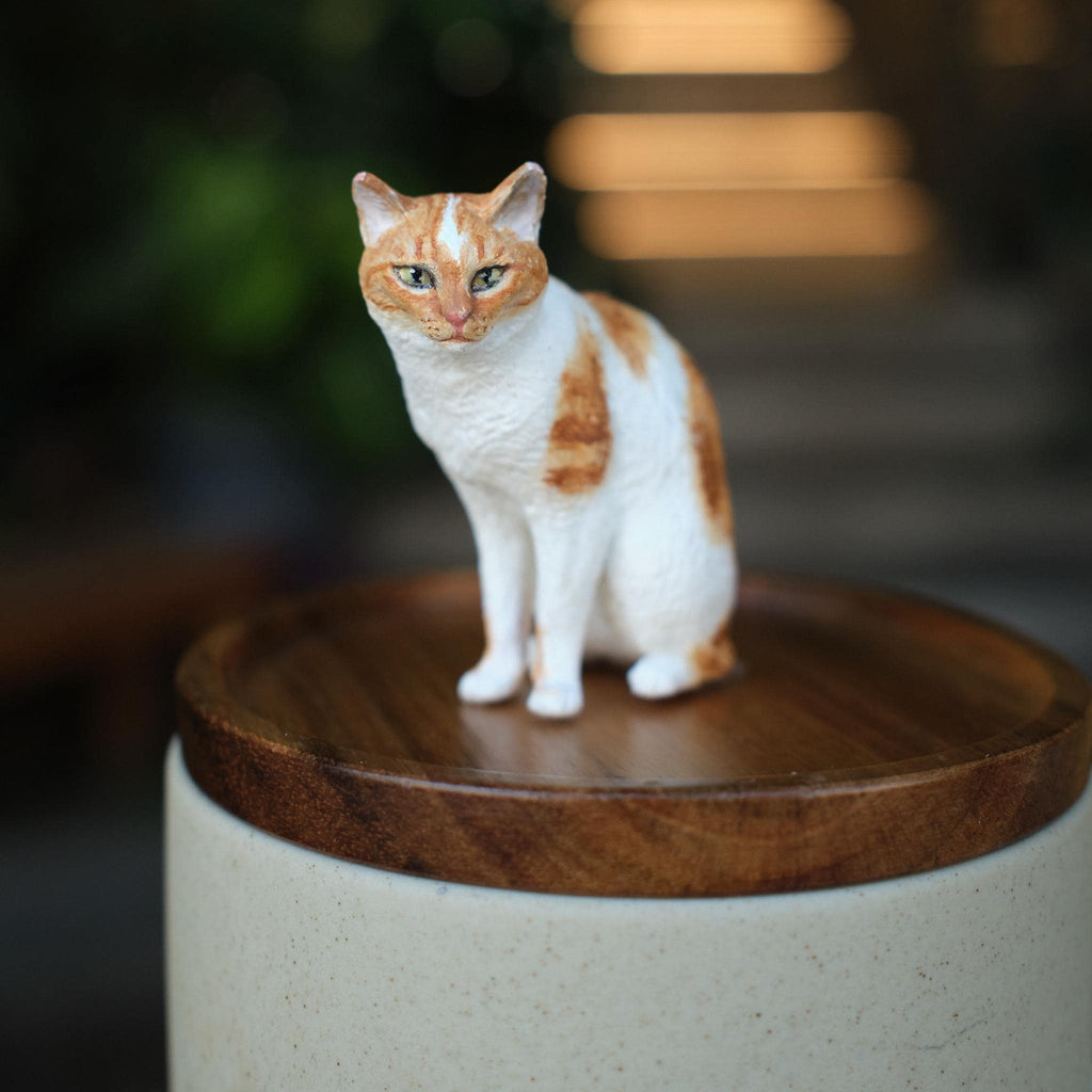 Handmade Pet Urn with Personalised Clay Figurine from Photo,  Ceramic Cat Ashes Jar with wood lid, Memorial Keepsake, Custom Cremation Gift