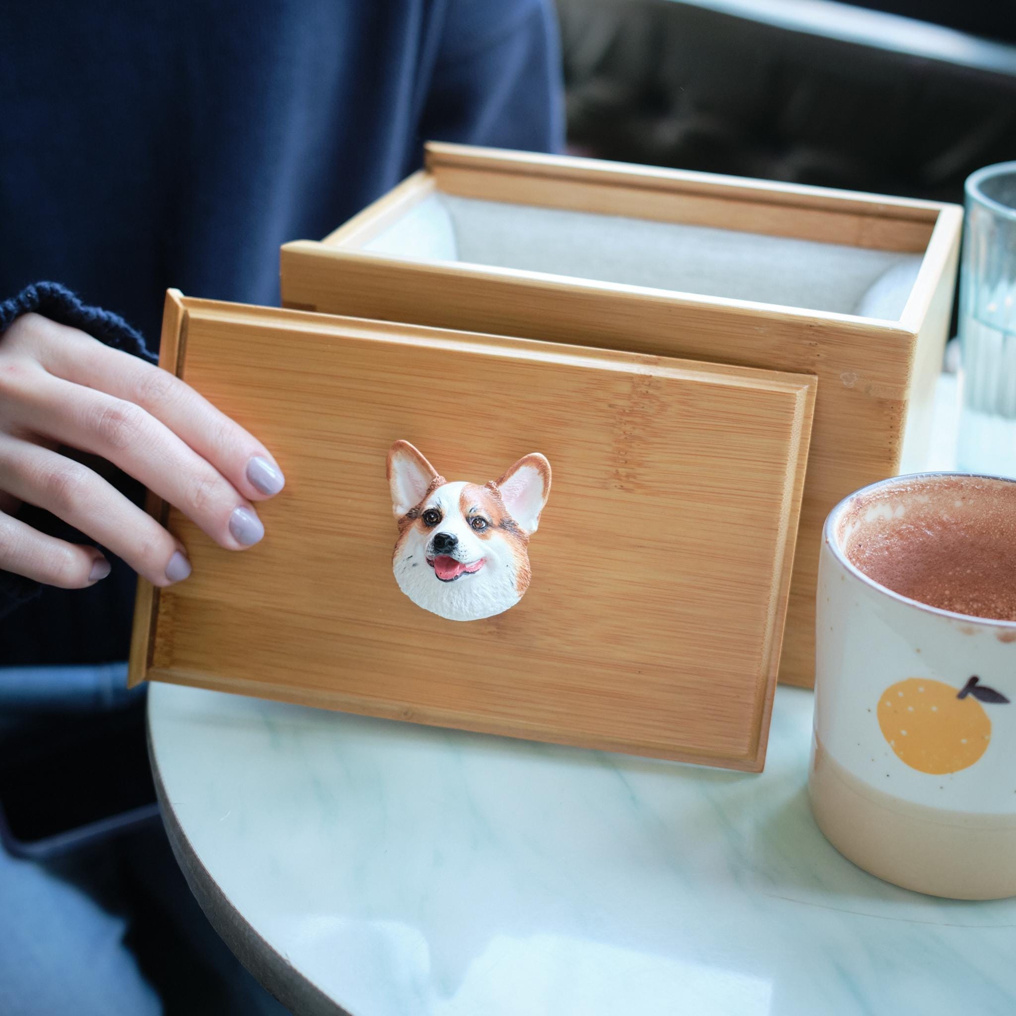 Handcrafted Bamboo Dog Memorial Urn with Realistic Plaster Corgi Head from photo, Personalised Pet Keepsake, Eco Friendly Dog Loss Gift