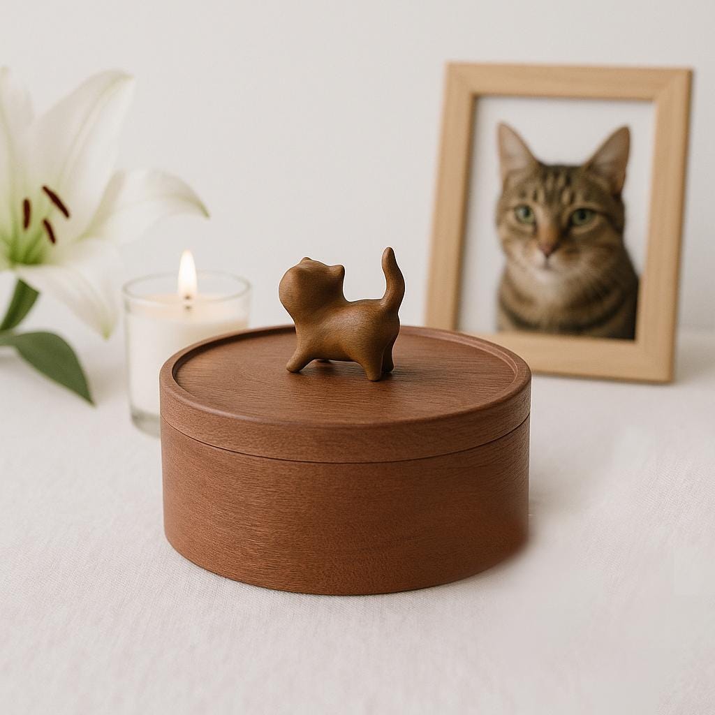 Handmade Wooden Small Cat Whiskers Tooth Fur Keepsake Box｜Urn Yellow Cat Figurine｜Engraved Name on Bottom｜Pet Loss Memorial｜Storage Gift