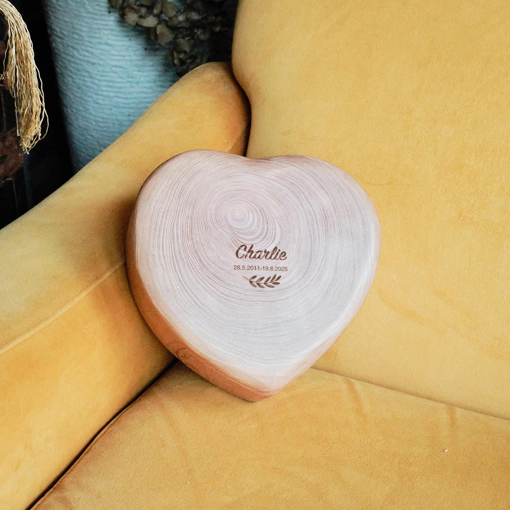 Heart-Shaped Wooden Pet Urn with Tree Ring Grain, Eco Friendly Handcrafted Memorial Box, Hinged Lid with Magnetic Seal, Pet Ashes Keepsake