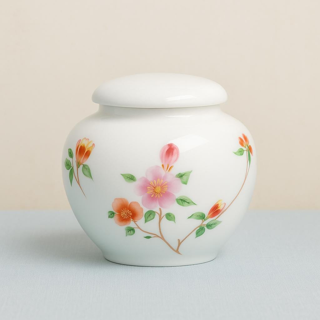 Small Hand-Painted Floral Ceramic Pet Urn | Oriental Ashes Keepsake Jar | Pet Memorial Gift | Tea Jar｜Pet Cremation Container for Small Pets