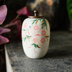 Small Handmade Ceramic Peach Blossom Urn with Wooden Lid | Oriental Pet Ashes Keepsake Jar | Pet Memorial Gift | Floral Decorative Tea Jar