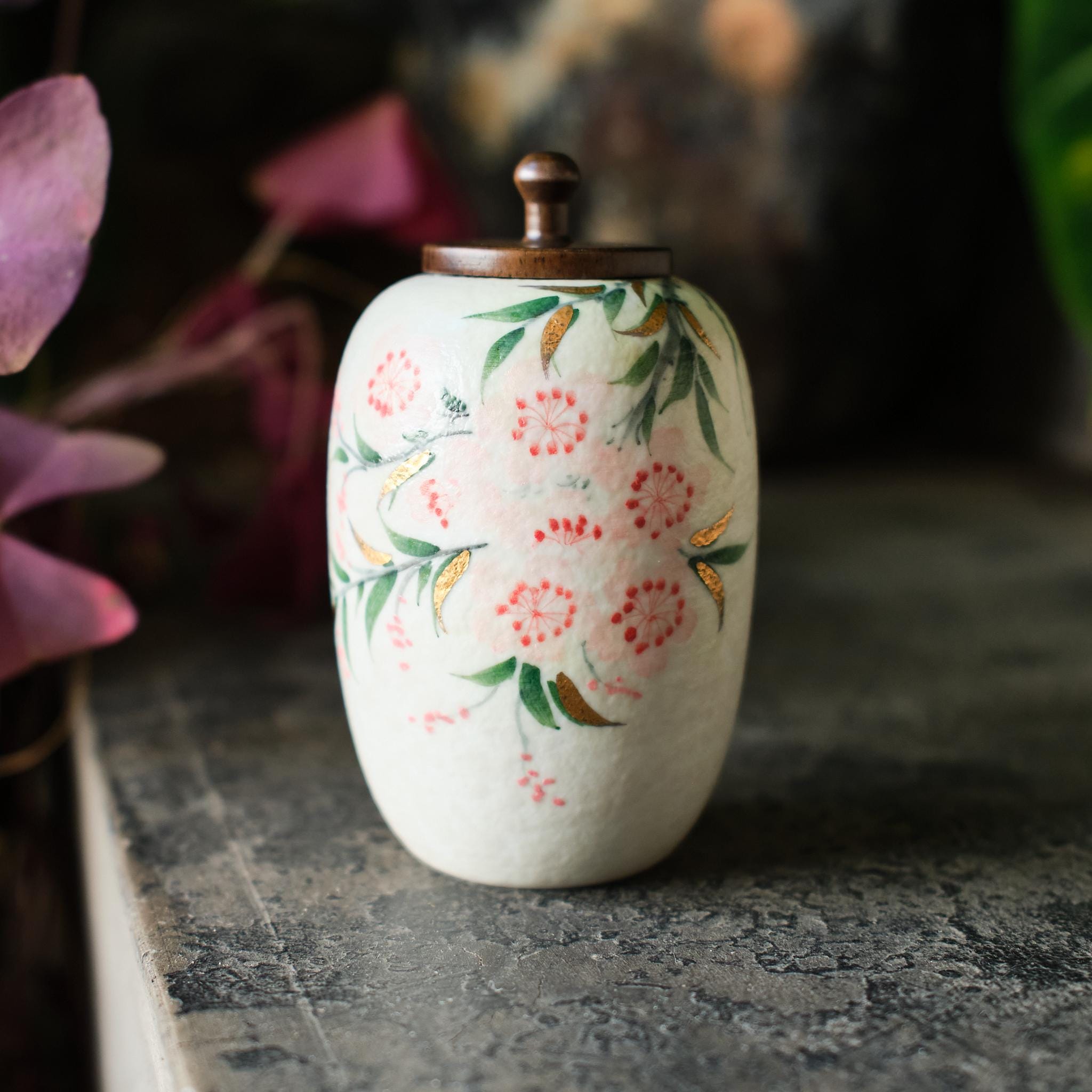 Small Handmade Ceramic Peach Blossom Urn with Wooden Lid | Oriental Pet Ashes Keepsake Jar | Pet Memorial Gift | Floral Decorative Tea Jar