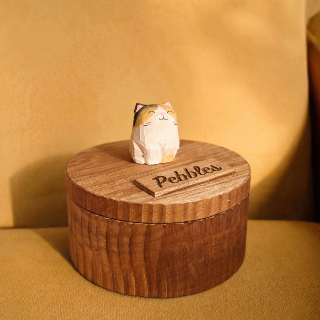 Hand-Carved Wooden Cat Memorial Urn: Custom Figurine Keepsake Box