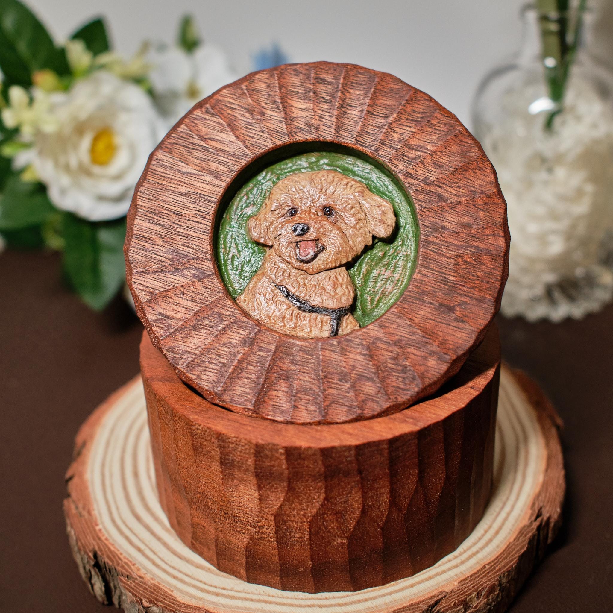Custom Wooden Pet Memorial Urn with Hand Carved Portrait on Lid | Personalised Dog Cat Keepsake from Photo | Pet Loss Gift | Handmade Box