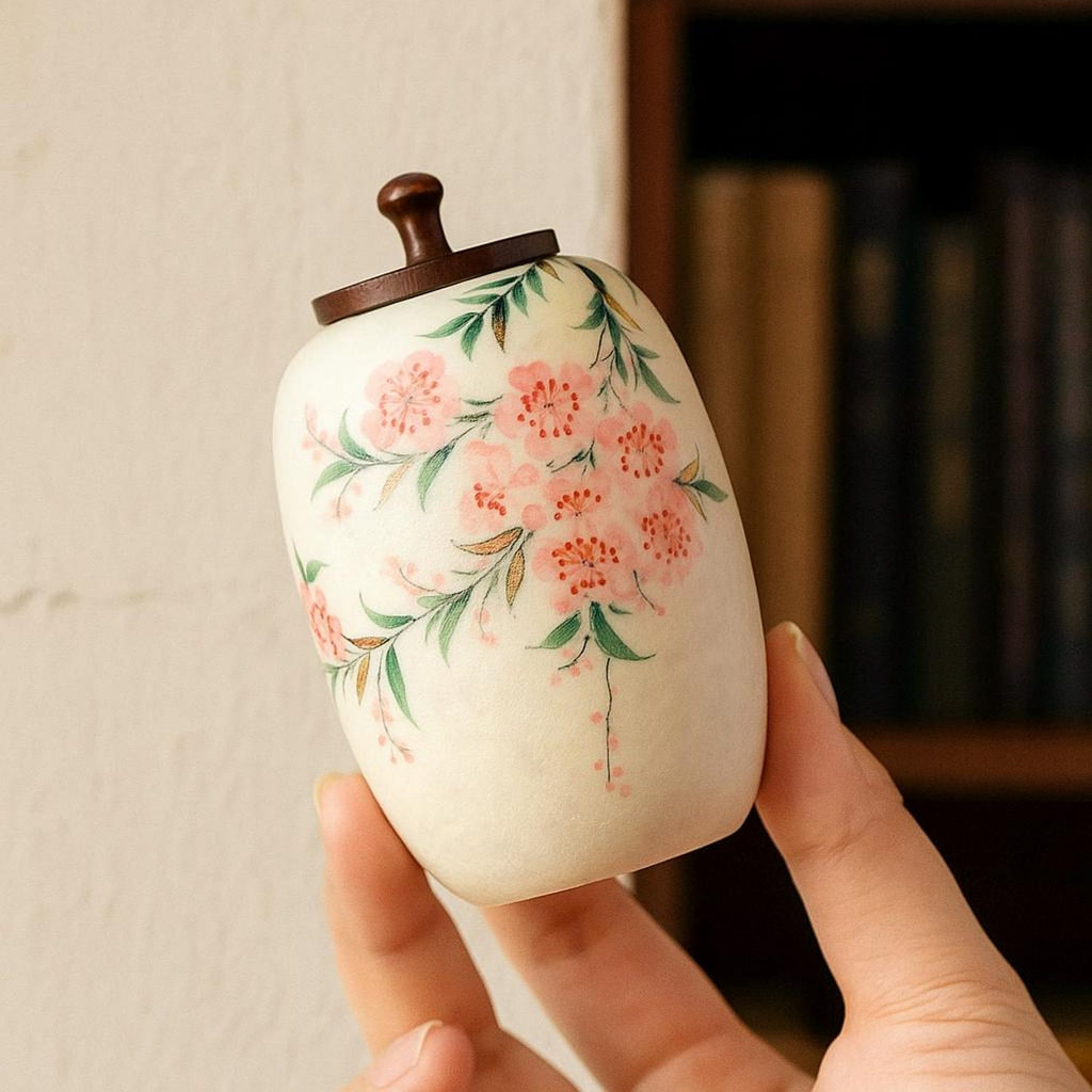 Small Handmade Ceramic Peach Blossom Urn with Wooden Lid | Oriental Pet Ashes Keepsake Jar | Pet Memorial Gift | Floral Decorative Tea Jar