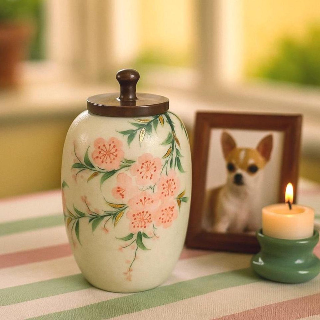 Small Handmade Ceramic Peach Blossom Urn with Wooden Lid | Oriental Pet Ashes Keepsake Jar | Pet Memorial Gift | Floral Decorative Tea Jar