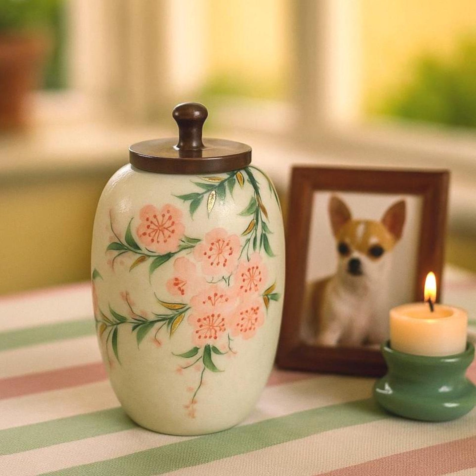 Small Handmade Ceramic Peach Blossom Urn with Wooden Lid | Oriental Pet Ashes Keepsake Jar | Pet Memorial Gift | Floral Decorative Tea Jar