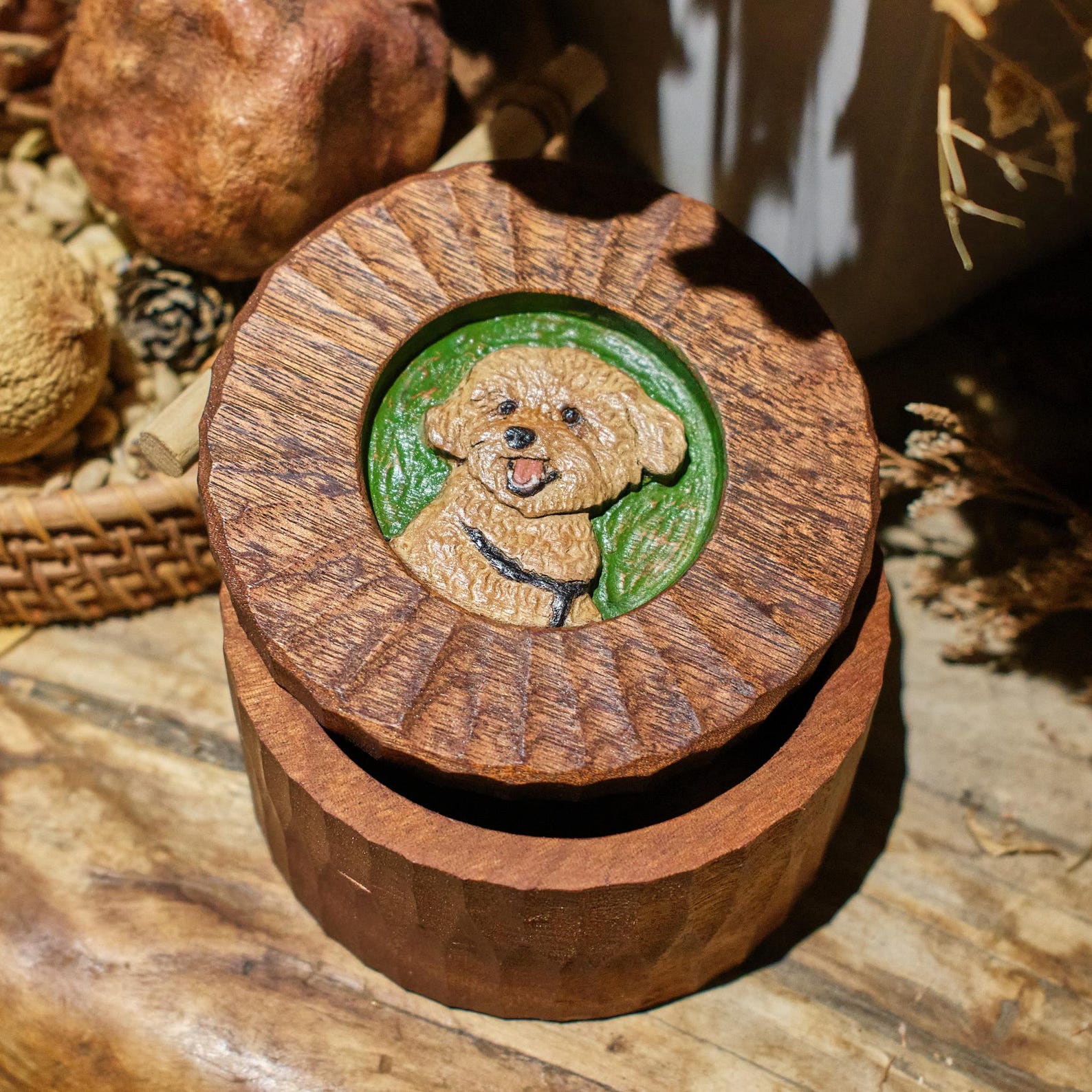 Custom Wooden Pet Memorial Urn with Hand Carved Portrait on Lid | Personalised Dog Cat Keepsake from Photo | Pet Loss Gift | Handmade Box