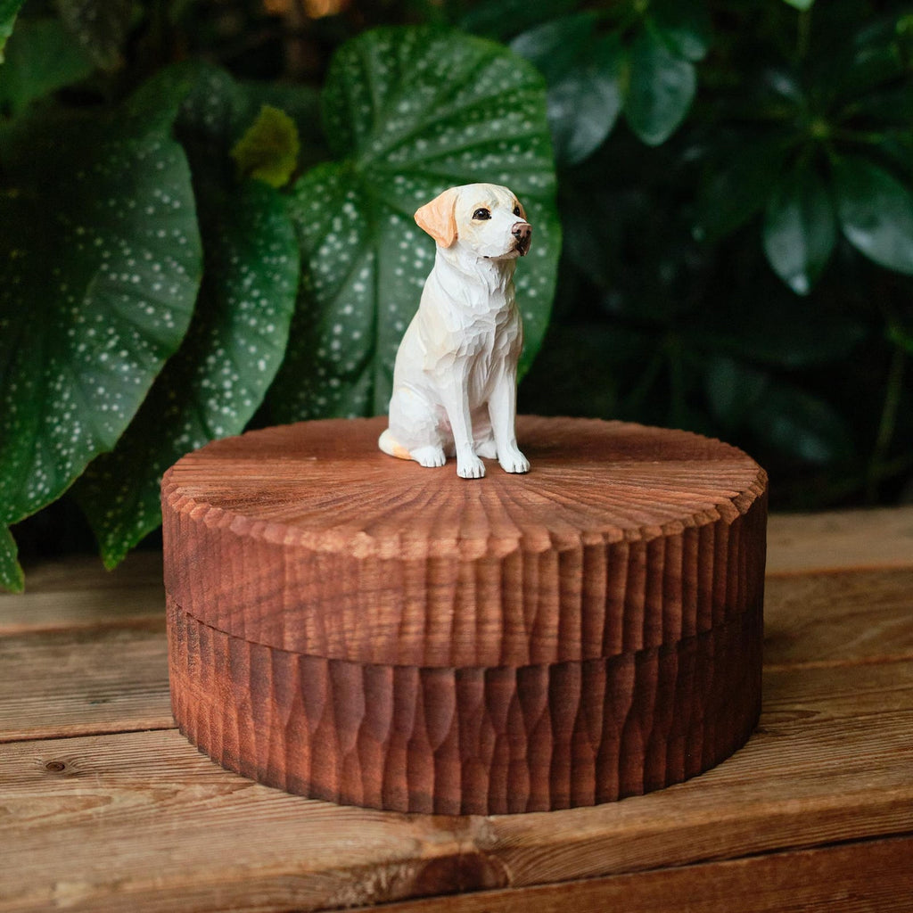 Bespoke Small Wooden Dog Urn, Handmade Carved Box with Personalised Dog Figurine From Photo, Eco Friendly Keepsake Gift