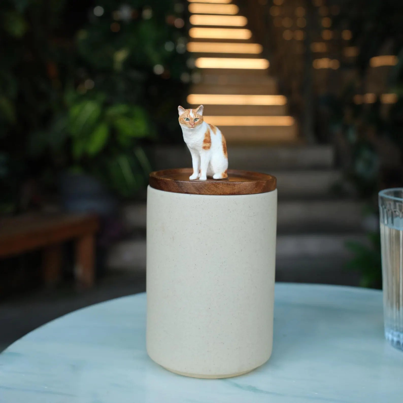 Handmade Pet Urn with Personalised Clay Figurine from Photo,  Ceramic Cat Ashes Jar with wood lid, Memorial Keepsake, Custom Cremation Gift