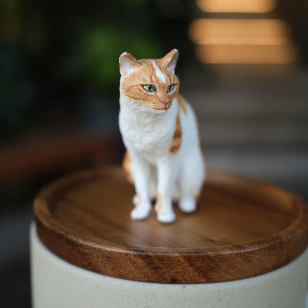 Handmade Pet Urn with Personalised Clay Figurine from Photo,  Ceramic Cat Ashes Jar with wood lid, Memorial Keepsake, Custom Cremation Gift