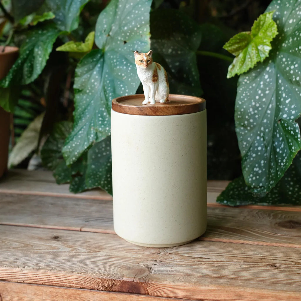 Handmade Pet Urn with Personalised Clay Figurine from Photo,  Ceramic Cat Ashes Jar with wood lid, Memorial Keepsake, Custom Cremation Gift