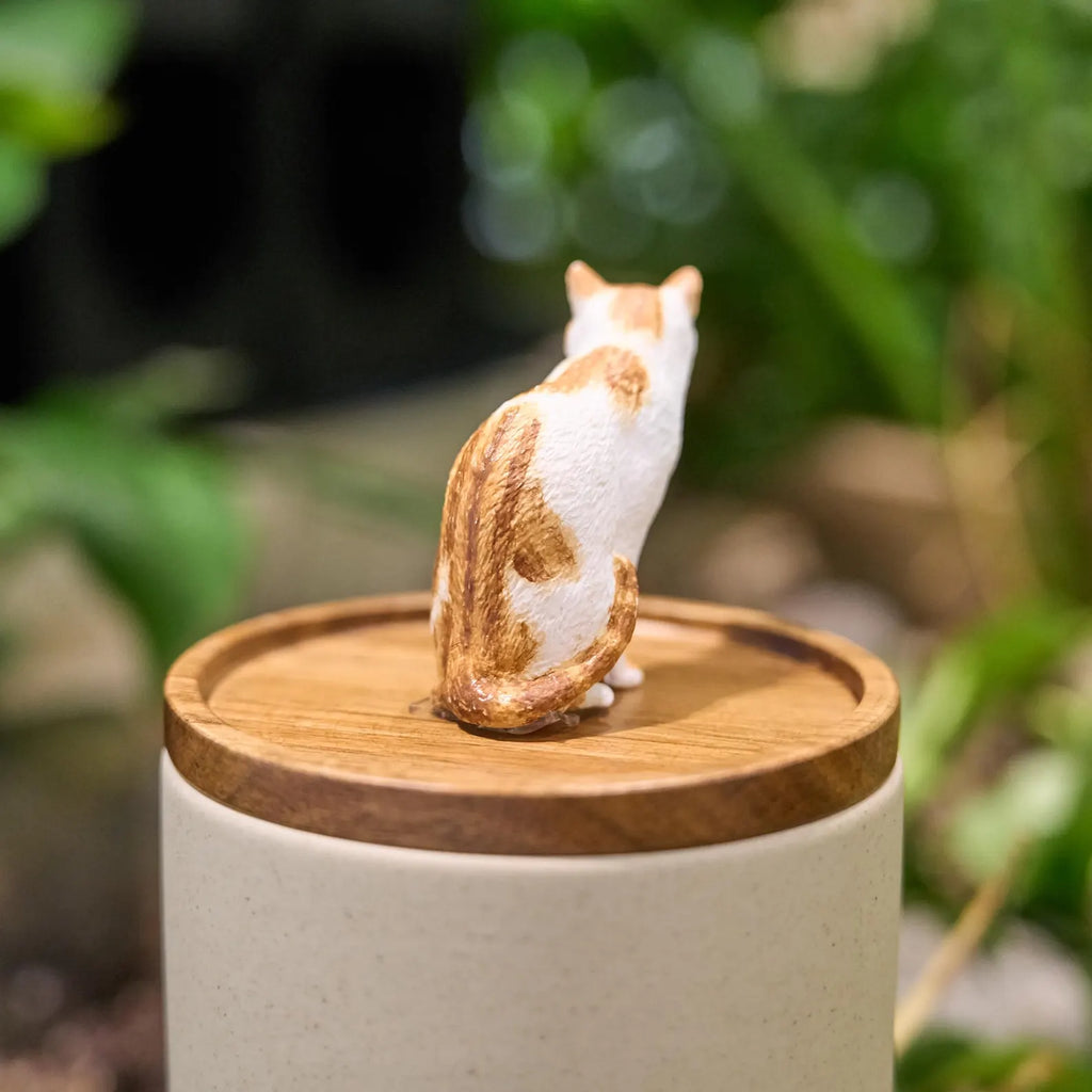 Handmade Pet Urn with Personalised Clay Figurine from Photo,  Ceramic Cat Ashes Jar with wood lid, Memorial Keepsake, Custom Cremation Gift