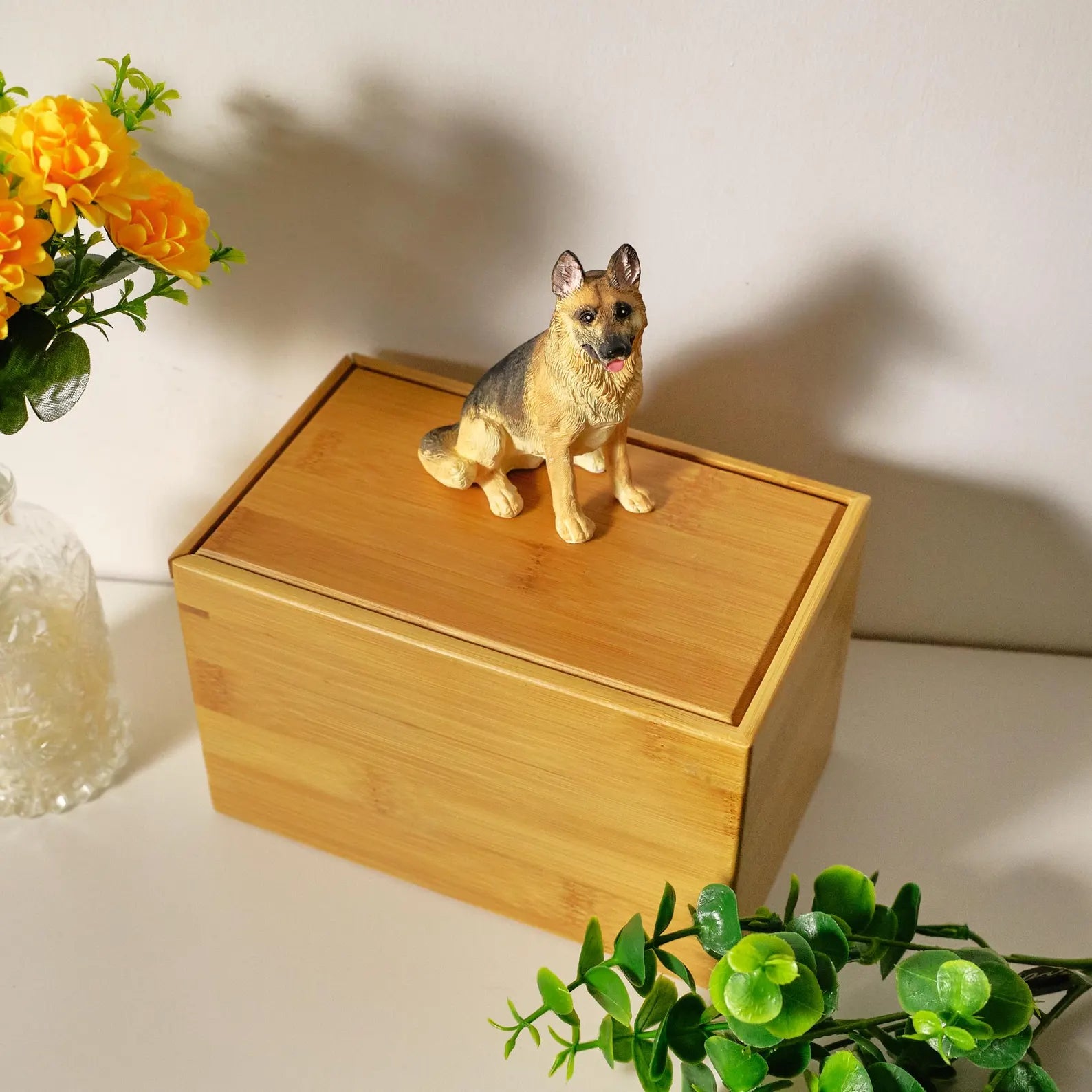 Custom Dog Polymer Clay Sculpture from Photo with Large Bamboo Wooden Urn Box, Handmade Eco Friendly Pet Memorial Keepsake Gift