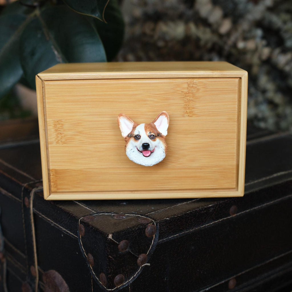 Handcrafted Bamboo Dog Memorial Urn with Realistic Plaster Corgi Head from photo, Personalised Pet Keepsake, Eco Friendly Dog Loss Gift