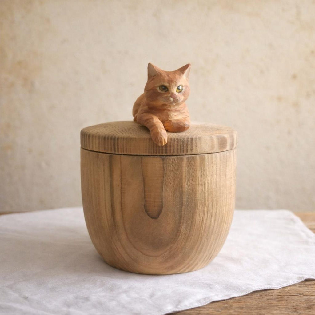 Custom Cat Urn with Cat Figurine Resting on Lid, Handmade Wooden Pet Ashes Box from Photo, Personalised Cat Memorial, Pet Loss Gift