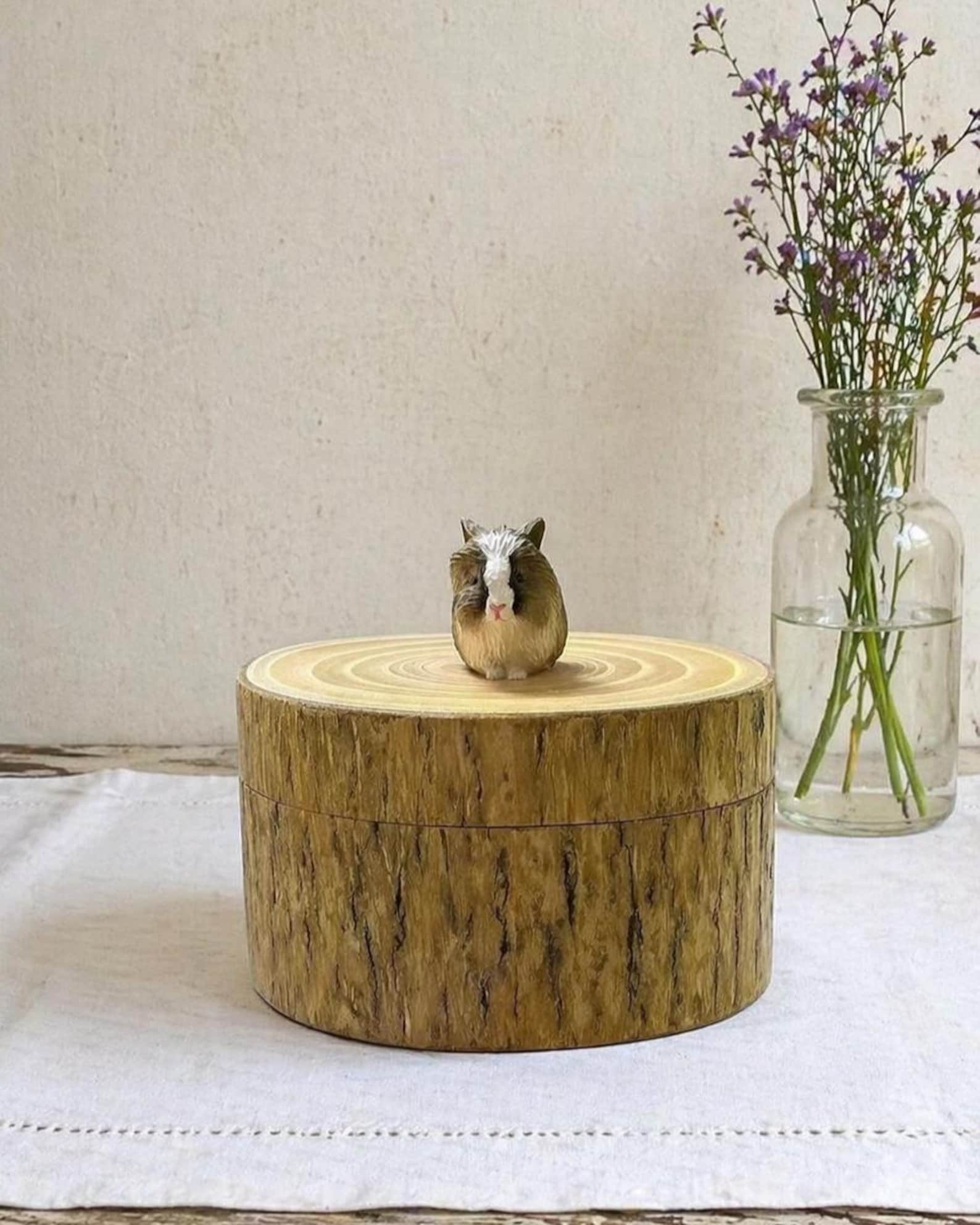 Rustic Tree Stump Rabbit Urn, Realistic Bunny Wood Carving, Natural Wood Pet Memorial Gifts, Organic Woodland Ashes Keepsake Box