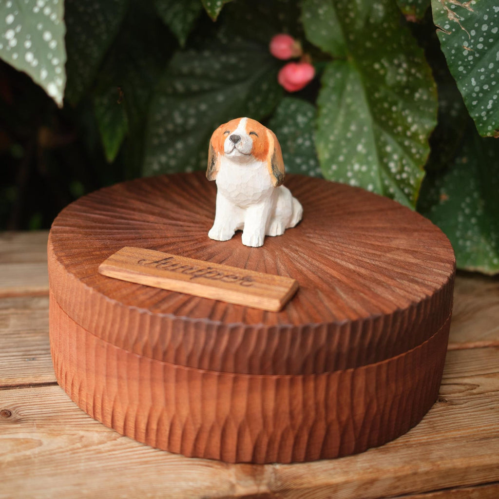 Custom Wooden Dog Urn with Cute Cartoon Dog Figurine from Photo, Handmade Pet Memorial Box, Personalised Engraved Name Keepsake