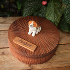 Custom Wooden Dog Urn with Cute Cartoon Dog Figurine from Photo, Handmade Pet Memorial Box, Personalised Engraved Name Keepsake
